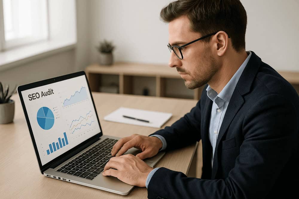 SEO audit service dashboard on laptop<br />

