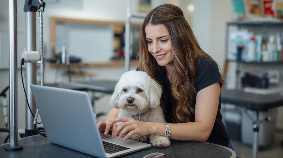 A woman working on a laptop with a adorable white dog beside her in a contemporary office space, highlighting pet-friendly work environments and digital services by Alan.