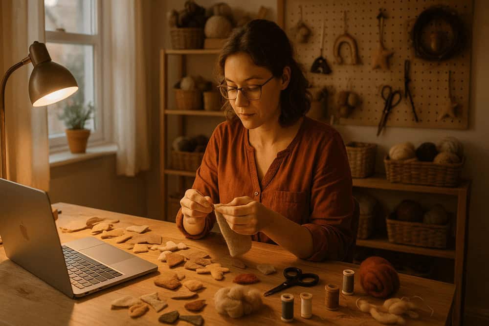 Crafter working at home studio desk with laptop and handmade items